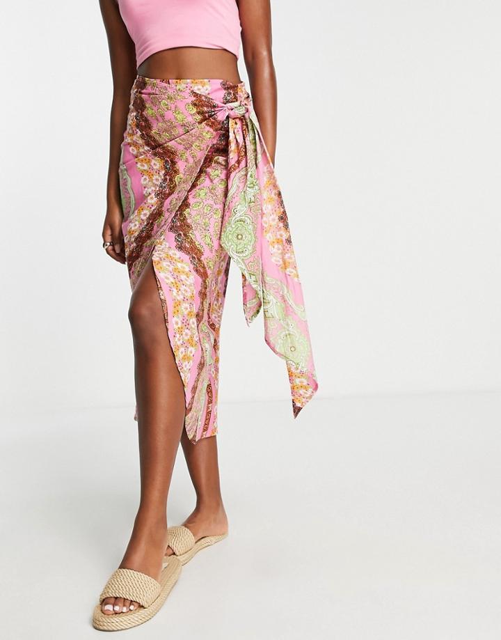 Asos Design Sarong Wrap Midi Skirt In Mixed Paisley Floral-multi