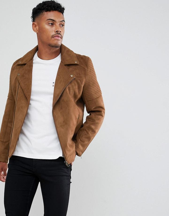 Asos Design Faux Suede Biker Jacket In Tan - Tan