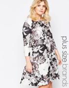 Praslin Plus Swing Dress In Zig Mono Floral Print - Black