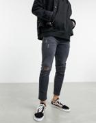 Asos Design Cropped Skinny Jeans In 'less Thirsty' Black Wash With Rips
