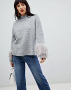 Vero Moda High Neck Sweater With Faux Fur Cuffs - Gray