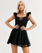 Asos Design Dobby Lace Ruched Mesh Skater Mini Dress-black