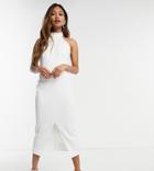 True Violet High Neck Backless Split Body-conscious Midi Dress In Ivory-white