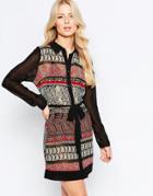 Style London Shirt Dress In Paisley Print With Contrast Sleeves - Black Red