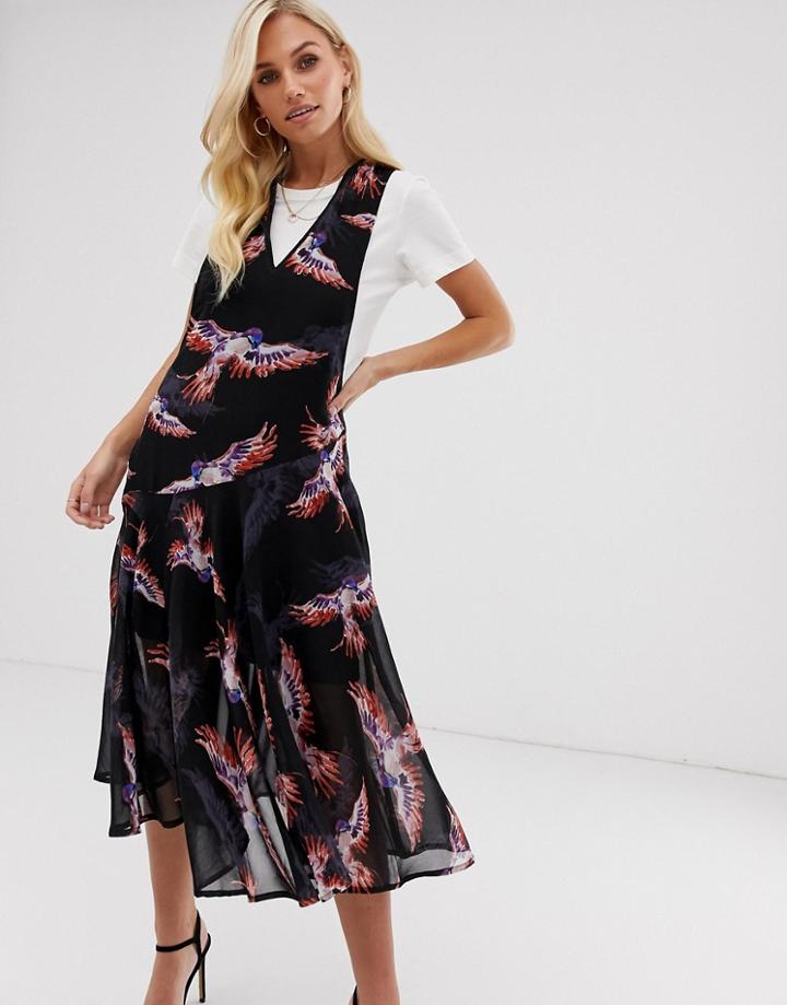 Religion Pinnafore Midi Dress In Bird Print-black