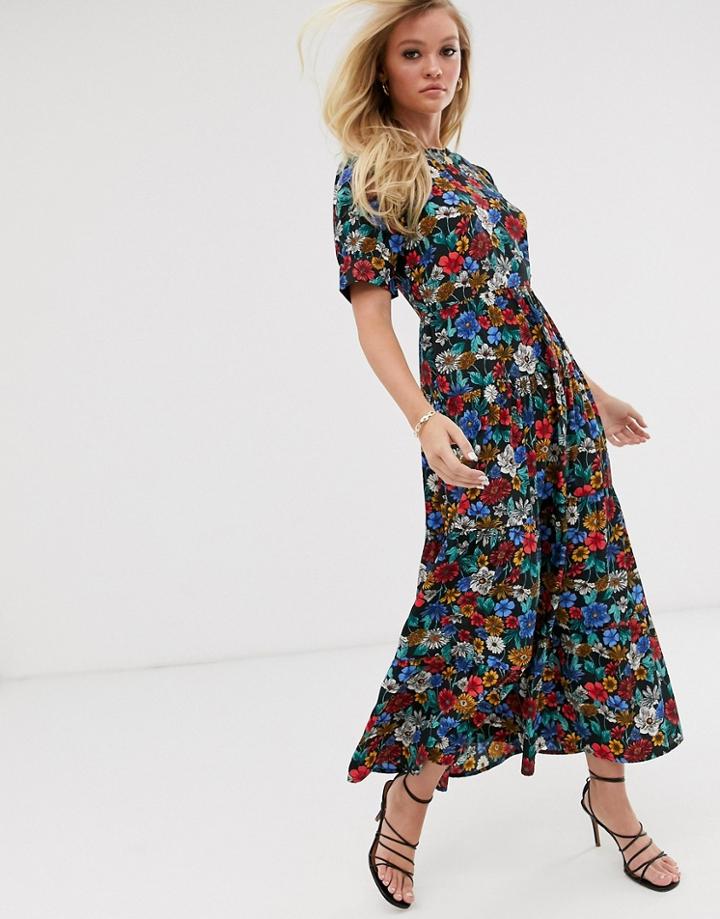 Neon Rose Maxi Tea Dress With Balloon Sleeves In Vintage Floral-black