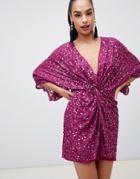 Asos Design Scatter Sequin Knot Front Kimono Mini Dress-purple