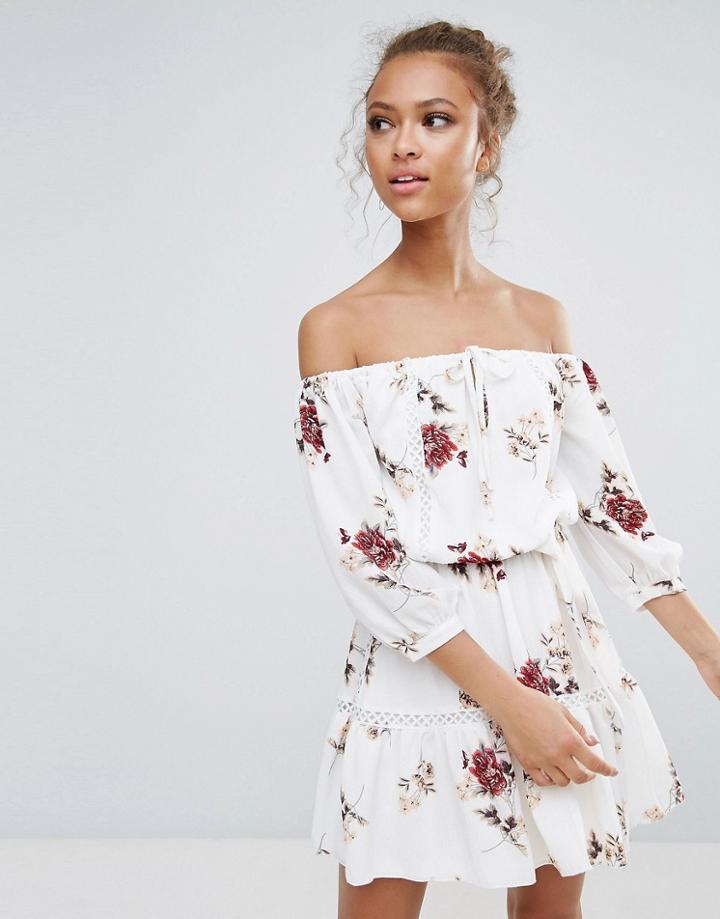 Parisian Off Shoulder Floral Dress With Tie Waist - White
