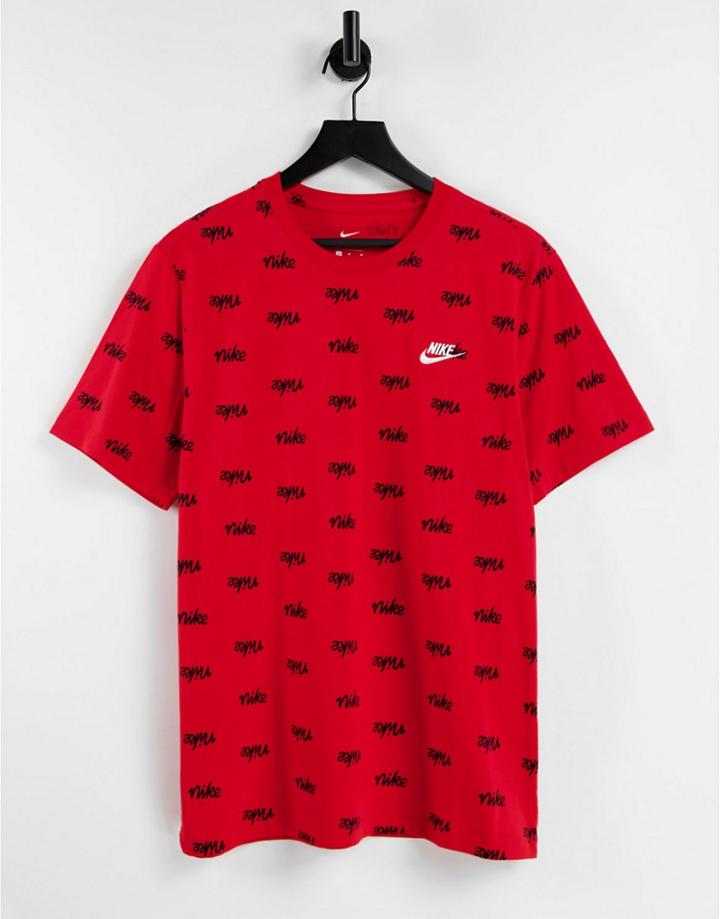 Nike Club All Over Logo Print T-shirt In Red