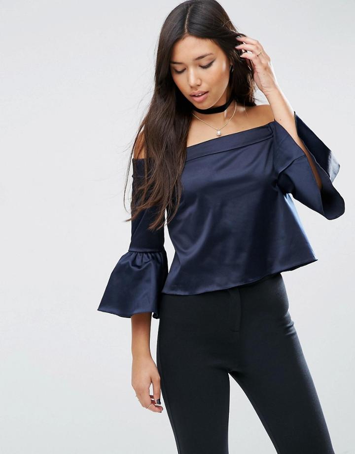 Asos Satin Off Shoulder Top - Navy