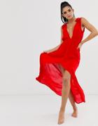 Asos Design Plunge Beach Maxi Dress With Ruffle Shoulders & High Low Hem-red