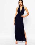 Club L Halter Ruched Gathered Maxi Dress With Thigh Split - Midnight Navy