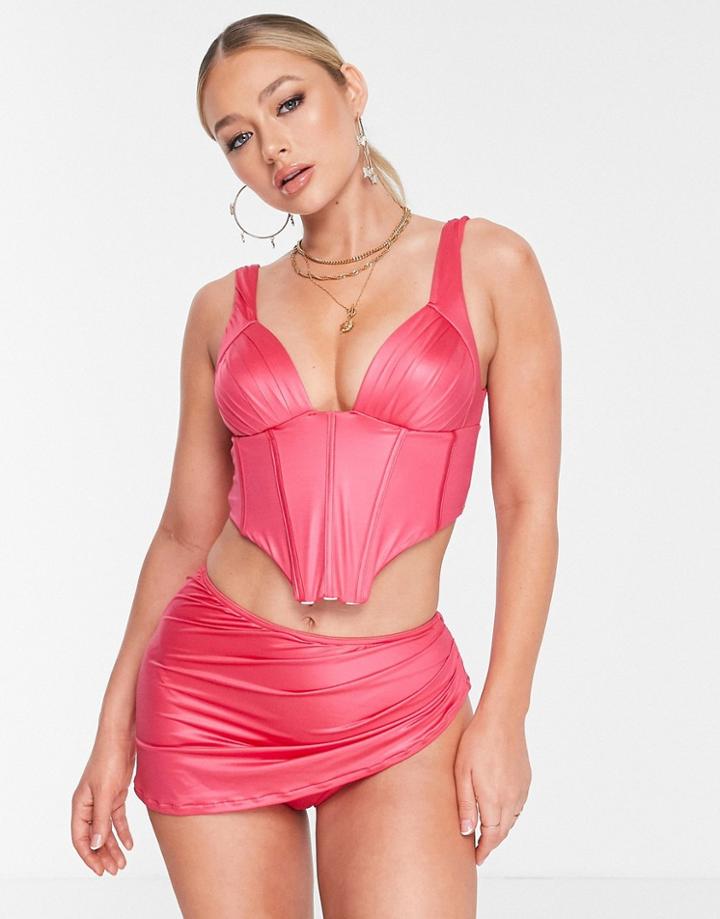 Asos Luxe Satin Wrap Skirt Bikini Bottom In Hot Pink