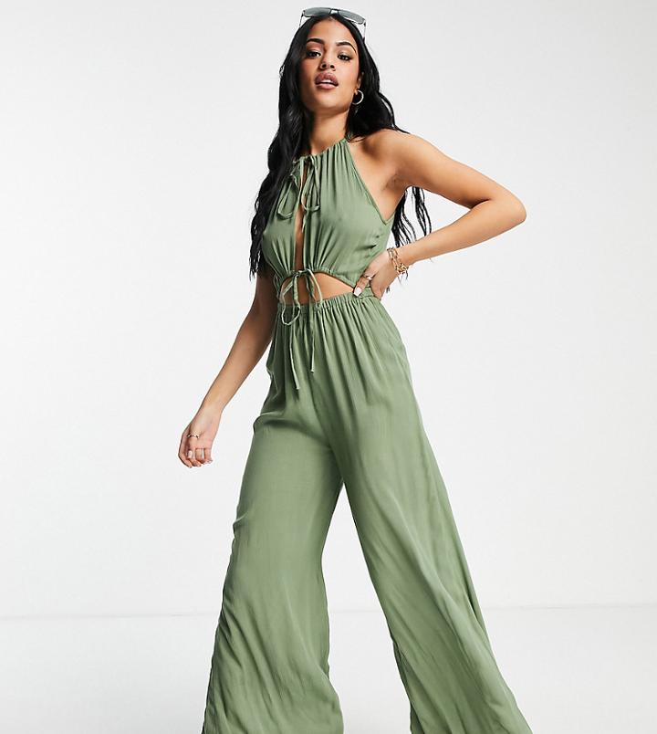 Asos Design Tall Cut Out Wide Leg Beach Jumpsuit In Khaki-green