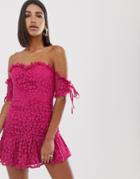 Love Triangle Sweetheart Ruched Lace Mini Dress With Bow Sleeves In Raspberry - Pink