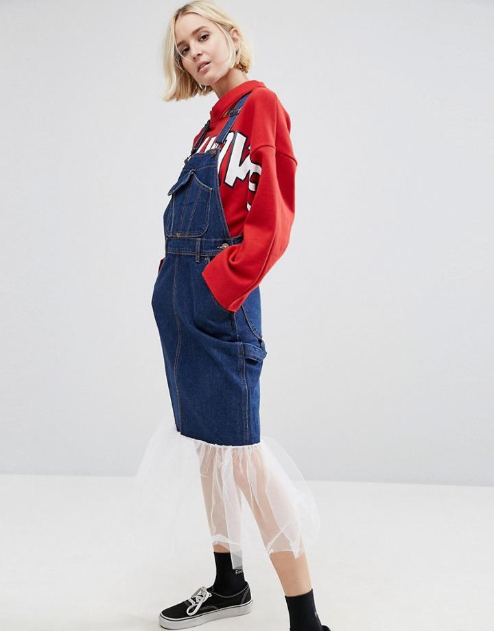 Stylenanda Overall Dress With Tulle Hem Detail - Blue