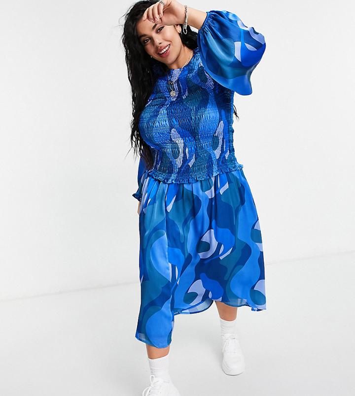 Never Fully Dressed Plus Matching Shirred Midi Skirt In Blue Abstract Print-blues