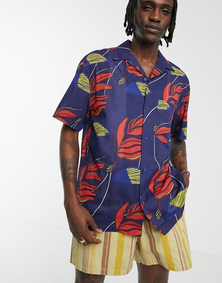 Weekday Skyway Hawaiian Print Shirt In Dark Blue