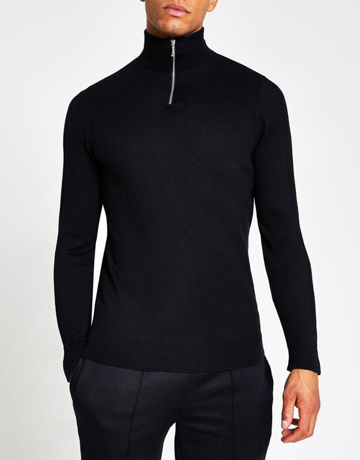 River Island Half Zip Slim Fit Sweater In Navy