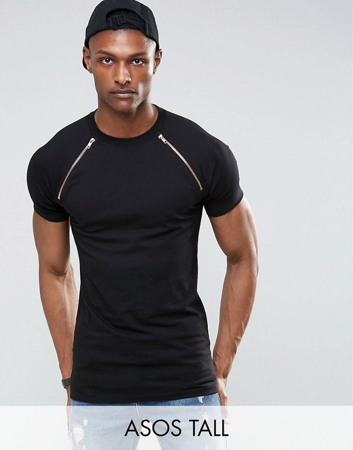 Asos Tall Muscle Raglan T-shirt With Rose Gold Zips In Black - Black