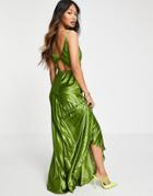 Asos Design Cami Satin Seamed Pleated Maxi Dress In Olive Green