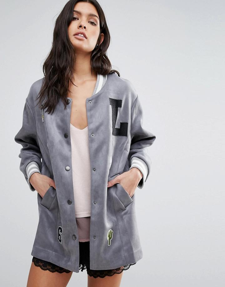 Liquorish Varsity Jacket With Embroidered Patches - Gray