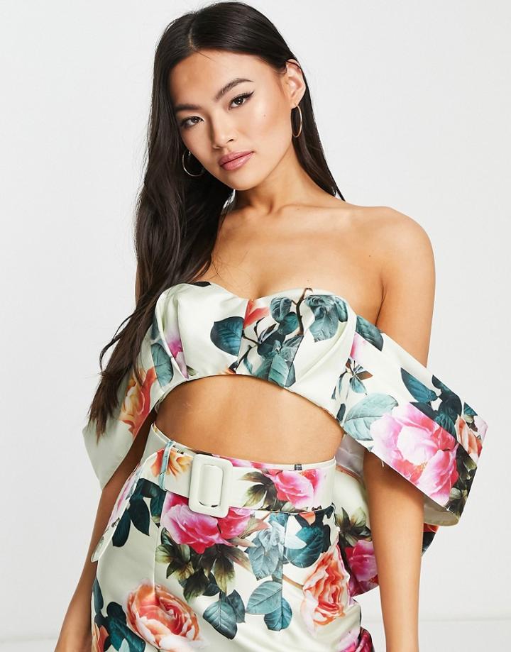 Asos Luxe Satin Bardot Crop Top With Bow In Floral Print - Part Of A Set-multi