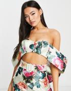Asos Luxe Satin Bardot Crop Top With Bow In Floral Print - Part Of A Set-multi