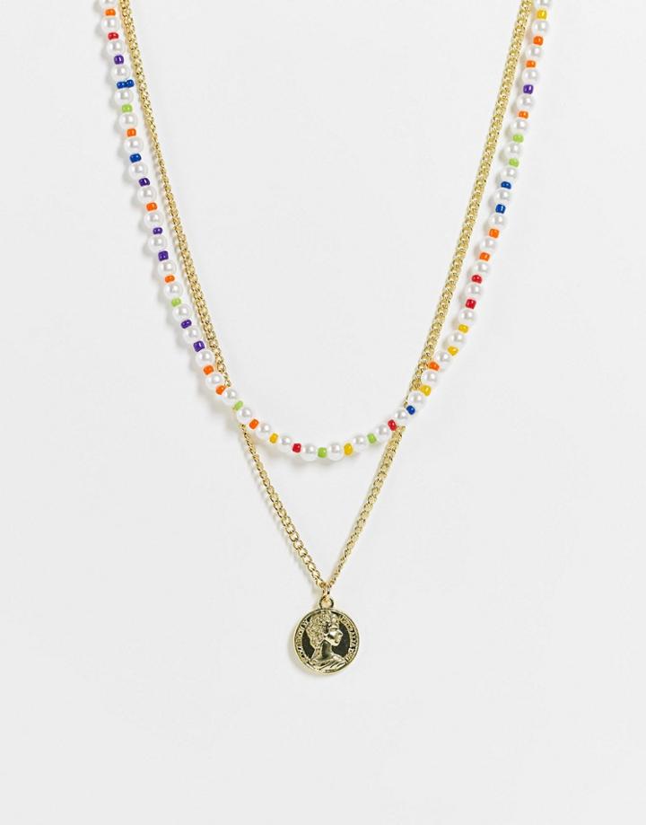 Madein. Double Layer Necklace In Beaded And Coin Pendant-multi