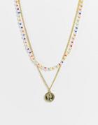 Madein. Double Layer Necklace In Beaded And Coin Pendant-multi