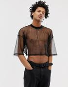 Asos Design Oversized Cropped T-shirt In Sparkly Mesh In Black - Black