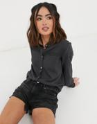 Jdy Rosalina Long Sleeve Button Through Blouse With Lace Detail In Dark Gray-grey