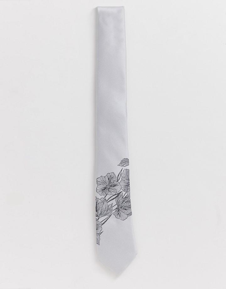 Twisted Tailor Gray Tie With Monochrome Floral