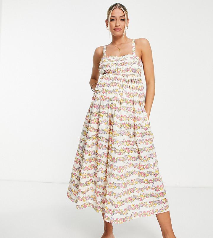 Asos Design Maternity Strappy Midi Skater Sundress In Floral Stripe-multi
