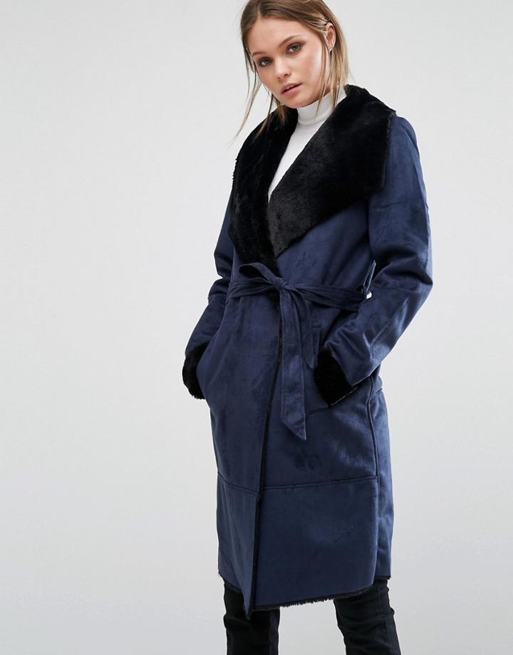 Vero Moda Faux Shearling Belted Coat - Navy