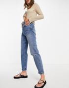 Stradivarius Cotton Slim Mom Jean With Stretch And Rip In Medium Blue - Mblue-blues