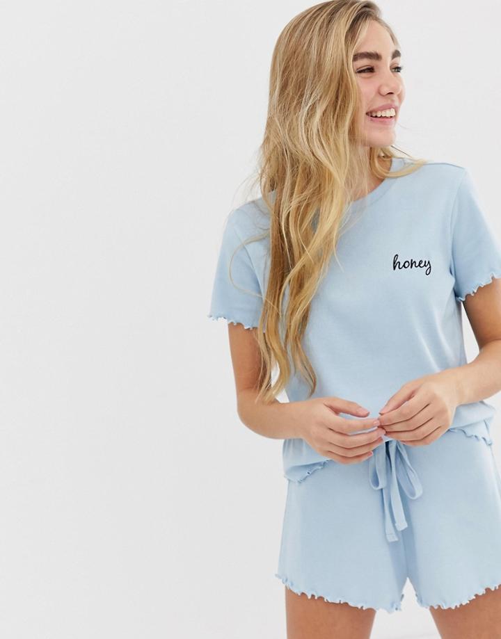 Asos Design Mix And Match Ribbed Embroidered Honey Pyjama T-shirt With Lettuce Hem-blue
