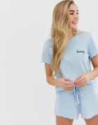 Asos Design Mix And Match Ribbed Embroidered Honey Pyjama T-shirt With Lettuce Hem-blue