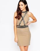 Liquorish Mini Dress With Cross Front Embellishment - Nude