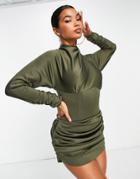 Asos Design Structured Waist Mini Dress With Drape Detail In Khaki-green