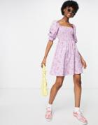 New Look Shirred Mini Dress In Lilac Floral-purple