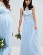 Chi Chi London Bardot Neck Sleeveless Maxi Dress With Premium Lace And Tulle Skirt - Blue