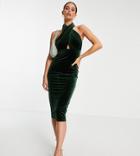 Asos Design Tall Velvet Halter Cross Front Midi Dress In Khaki-green