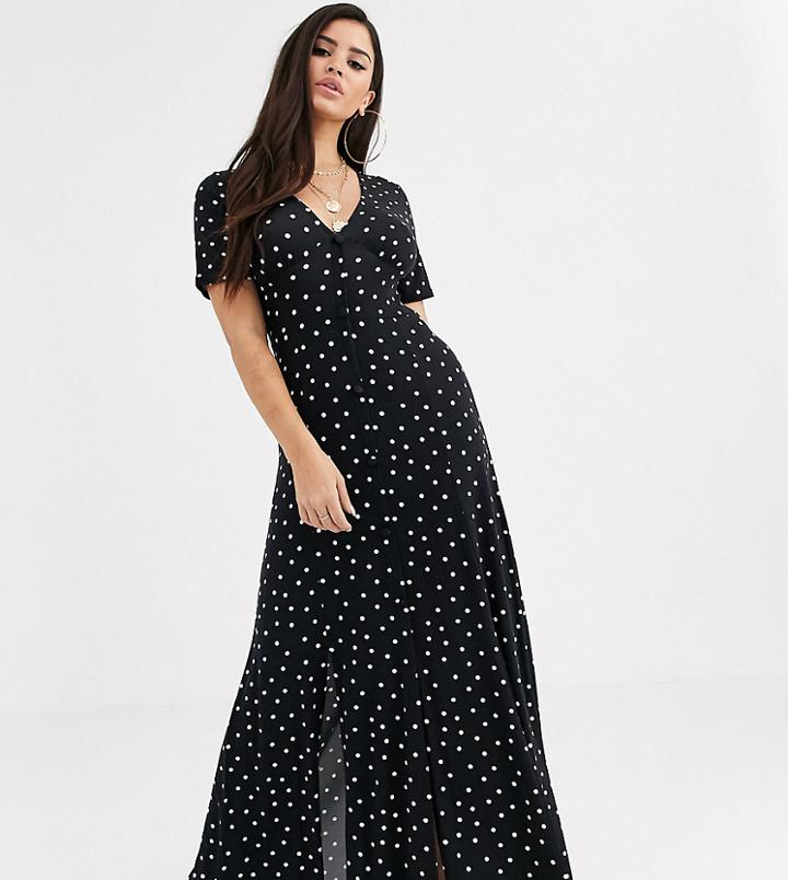 Asos Design Petite Exclusive Button Through Maxi Tea Dress With Splits In Mono Spot-multi