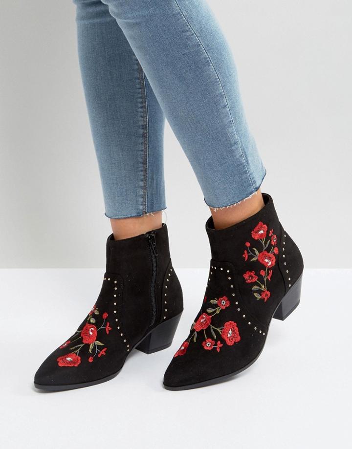 New Look Festival Rose Embroidered Ankle Boots - Black