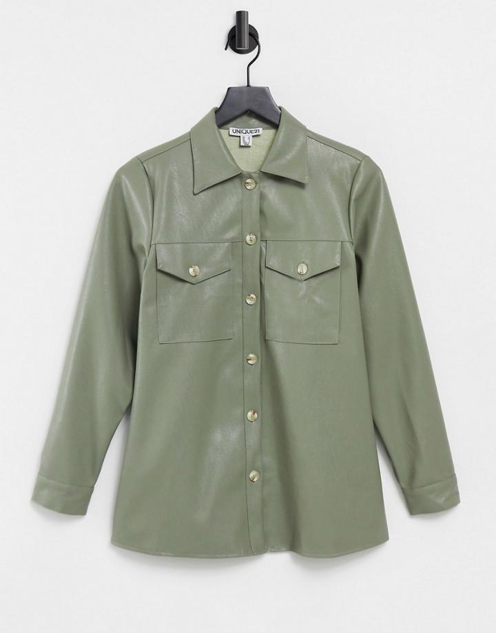 Unique21 Pu Button Cuff Shaket In Khaki-green