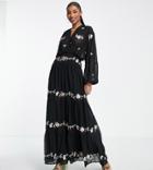 Asos Design Tall 70s Tiered Embroidered Maxi Dress In Black