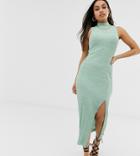 Asos Design Petite Sleeveless High Neck Plisse Maxi Dress-green
