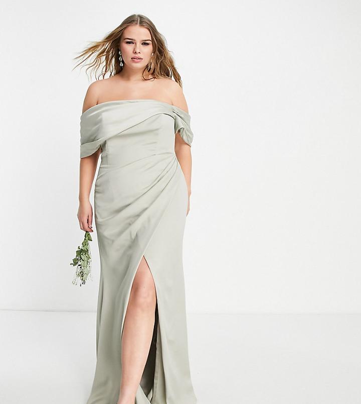 Asos Edition Curve Satin Bardot Drape Wrap Maxi Dress In Sage Green