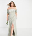 Asos Edition Curve Satin Bardot Drape Wrap Maxi Dress In Sage Green
